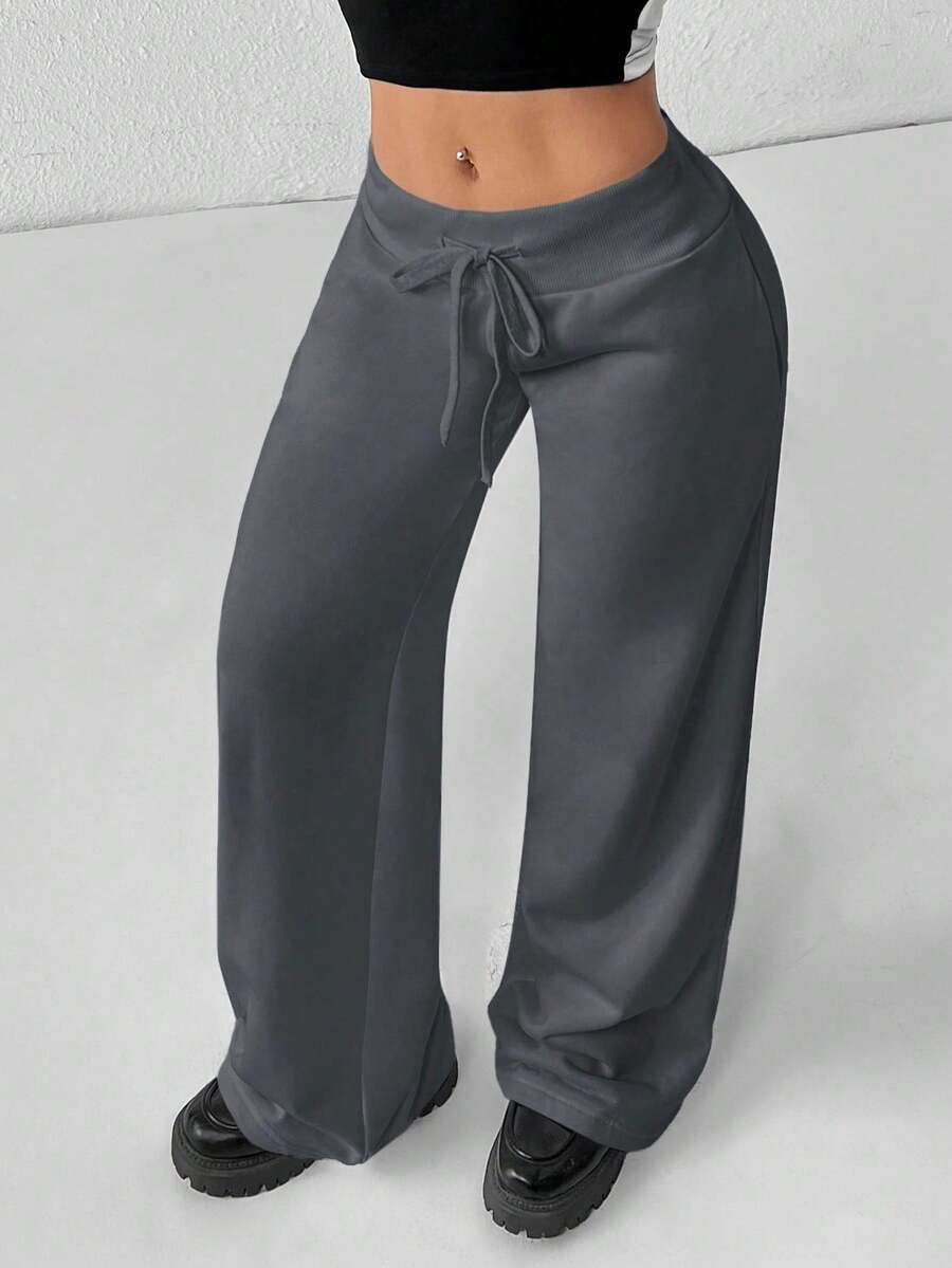 PETITE Women's Smooth Fabric Sports Trousers, Comfortable And Casual, Low Waist And Wide Leg, Autumn Clothing For Women, Winter Clothing For Women - 灰色 5 - 查看 1