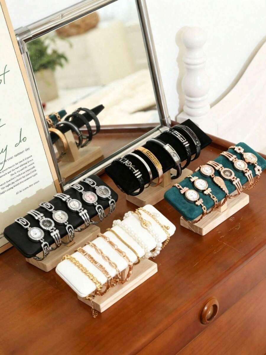 1pc/2pcs Wooden Single-Layer Bracelet Storage Rack, Headband, Necklace, Watch Bracelet Display Stand, Jewelry Headband Display Prop, Decorative Display Rack, Suitable For Retail Display, Trade Exhibition And Personal Collection Storage, Watch Bracelet Display Rack, Bracelet Rack, Countertop Jewelry Display Prop - Log Flat Single Layer Bracelet Stand - View 1