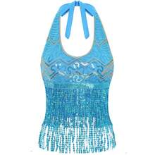 1 pieza Top de sujetador halter hecho a mano con lentejuelas y flecos con cordones, top corto de danza del vientre para mujer, atuendo estilo sari bohemio, disfraz retro para festival, rave, fiesta, discoteca, playa, ropa exótica, accesorios de playa para mujer - Multicolor - Ver 17
