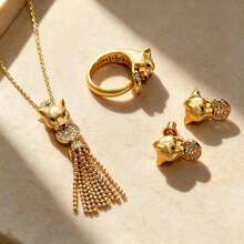 Luxury Zirconia 18K Gold Plated French Vintage Leopard Tassel Pendant Necklace Ring Earrings Brushed Old Money Style Women Jewelry Set - Gold - View 1