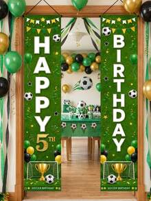 2pcs Football Happy Birthday Vertical Door Banner, 5 6 7 8 9 10 Years Old Football Birthday Doorway Decoration, Green Grass Trophy Print Sports Theme Kids Age Front Door Yard Hanging Party Decor - A - View 4