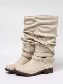 Beige Strap Buckle Slip-On Knight Boots, Chunky Heel, Round Toe, Versatile New Style, Commute, Casual, Daily, Vacation, Lazy Fashion Mid-Calf Boots - Beige - View 5