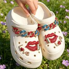 Giày clog đi vườn phong cách nhiệt đới sang trọng, tự trang trí, khóa giày hình môi, phụ kiện dây xích 3D có thể tháo rời. - Đỏ - Xem 7