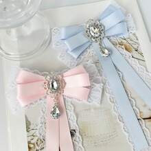 Lolita風蝴蝶結蕾絲拼接亮面水鑽長緞帶胸針，女款蝴蝶結領結，百搭衣領、背包與服飾配件，派對穿搭胸針，日常襯衫與洋裝裝飾領結，通勤穿搭，宴會派對穿著，節日禮物 - 藍色 - 查看 2