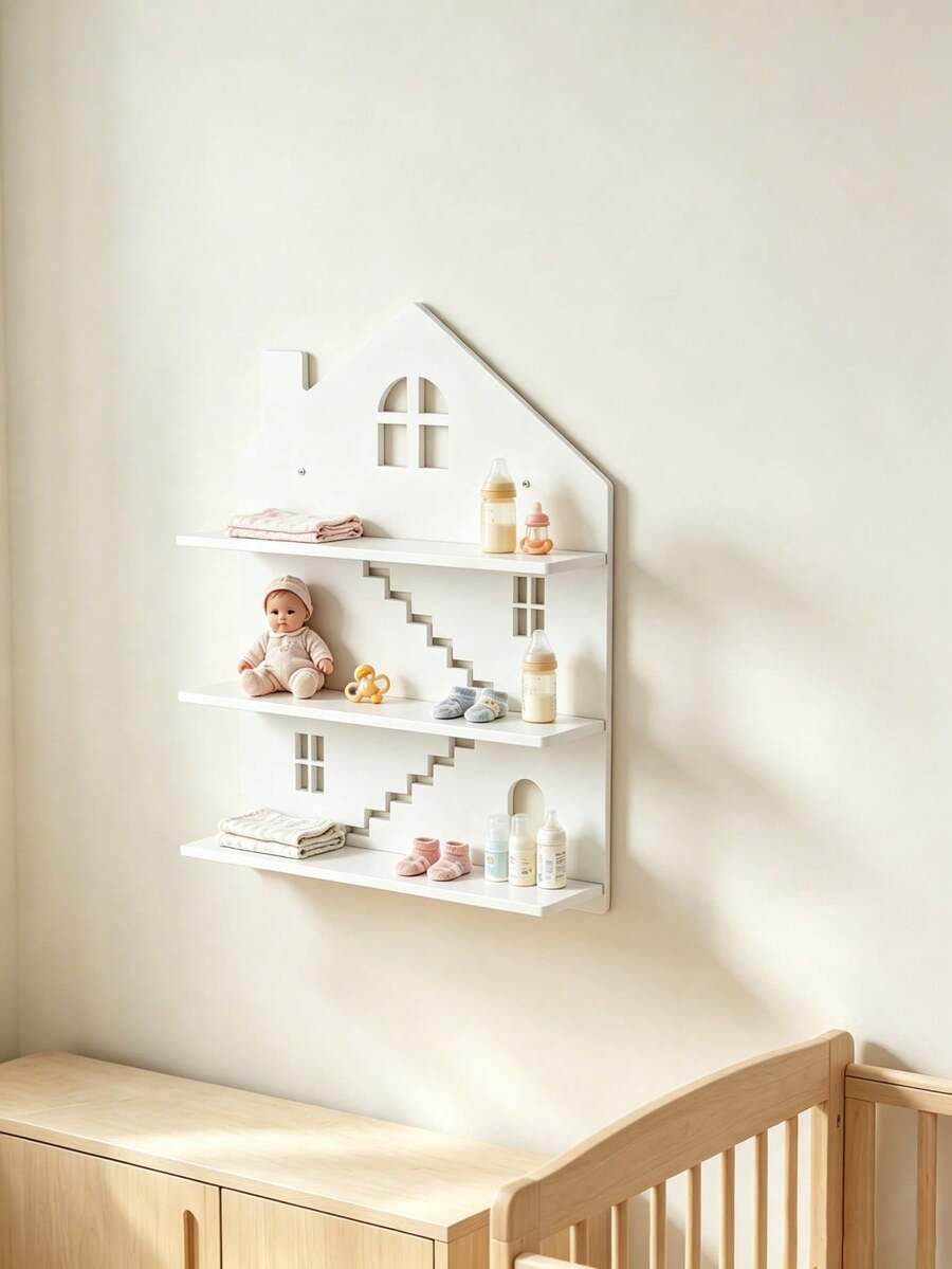 1pc 3-Tier Wooden Display Shelf, White, Wall-Mounted Storage Rack, Baby ...