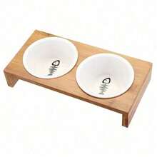 1/2/3 Bowls Cat Dog Feeders Bowl Ceramic Tableware Pet Food Water Bowl Bamboo Frame Antiskid Pet Supplies Dog Cat Feeding Bowl - White - View 3