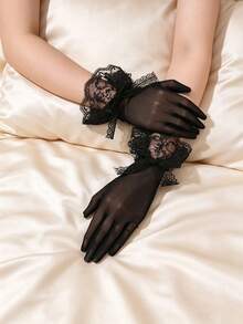 1 Pair Lace Bridal Gloves, Summer Lightweight Breathable Wedding Gloves, Women's Black Lace Gloves - Black - View 14