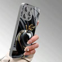 1pc Luxury Black & Gold Marble Fluid Apple Pattern Glass Phone Case, High-End & Elegant, Compatible With Apple - Silver - View 4
