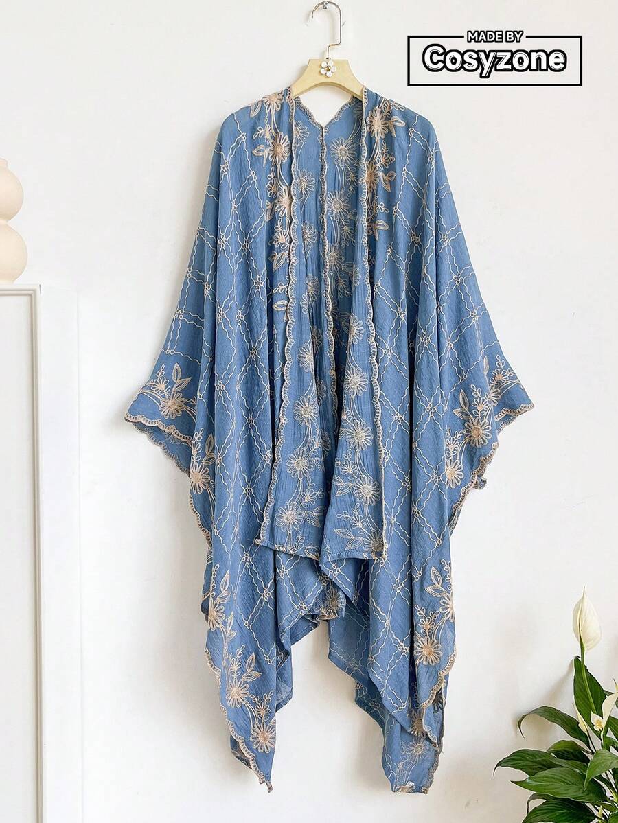 1件優雅格紋花卉圖案波西米亞風刺繡開襟披肩女款和服式圍裙,春夏外穿防曬海灘度假刺繡開襟衫,時尚百搭奢華裝飾,適合日常搭配,禮品首選 - 藍色 - 查看 1