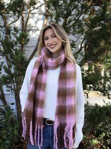 1件女款格紋仿羊絨保暖圍巾，冬季優雅柔軟保暖流蘇圍巾，波希米亞風彩色格紋披肩，大尺寸保暖舒適流蘇披肩，適合秋冬戶外穿著、海灘、度假使用 - 彩色 - 查看 3