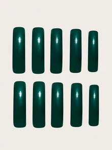 ¡Añade un toque romántico! 20 piezas de uñas postizas largas y curvas, diseño de color verde oscuro sólido elegante y vintage, estilo clásico de alta gama baddie, incluye 1 pieza de pegamento de gelatina y 1 pieza de lima de uñas (el pegamento de gelatina se envía al azar), adecuado para mujeres y niñas para uso diario, reuniones, fiestas y talla grande - Verde Oscuro - Ver 3