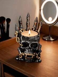 1 pieza Portavelas de mano de esqueleto gótico, decoración de Halloween con vela de té encendida, cadena espeluznante y dedos de hueso, centro de mesa de terror para fiesta en casa o casa embrujada - A - Ver 4