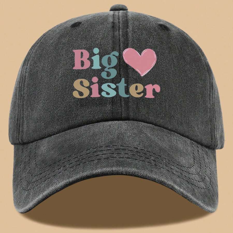 1pc Cute Playful Colorful English Font Design Printed Baseball Cap "Big Sister" And Love Heart Pattern Lightweight Comfortable Breathable Sun Hat Fashionable Easy Beautiful Men And Women Baseball Cap Adjustable Size Trucker Dad Hat Mom Beach Holiday - Black - View 1
