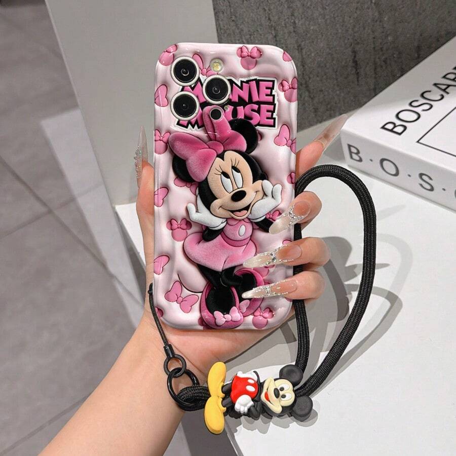 Disney Mickey Mouse Clubhouse Phone Case : 3D Fluffy Pattern Border Protector Phone Soft Phone Case With A Free Cute Mickey Mouse Bracelet Chain Lanyard, Mickey Mouse, Minnie Mouse, Donald Duck, Daisy Duck, Goofy, Pluto, For Apple 17 Promax 17 Pro 16 15 14 13 12 11 Pro Max XS Max X XR Soft Cover Summer Phone Case - 白色 - 查看 1