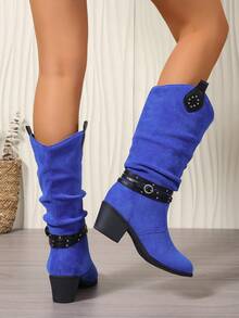 Blue Ruched Patchwork Strap Rivet Slip-On Knight Boots, Chunky Mid-Heel Round Toe Elegant Versatile Autumn/Winter New Fashion Women's Boots - Blue - View 3