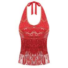 1 pieza Top de sujetador halter hecho a mano con lentejuelas y flecos con cordones, top corto de danza del vientre para mujer, atuendo estilo sari bohemio, disfraz retro para festival, rave, fiesta, discoteca, playa, ropa exótica, accesorios de playa para mujer - Multicolor - Ver 15