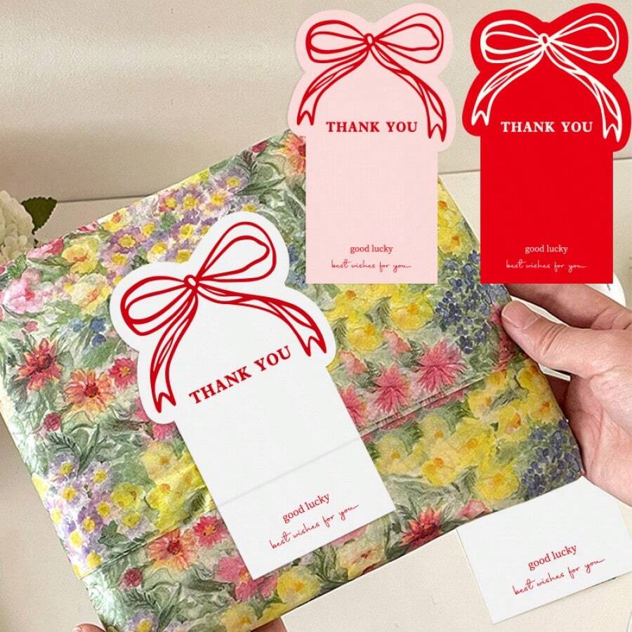 50 piezas Pegatinas de agradecimiento con lazo rosa, pegatinas adhesivas rectangulares simples para sellado de embalaje y decoración de regalos - Blanco (50 parches/paquete) - Ver 1