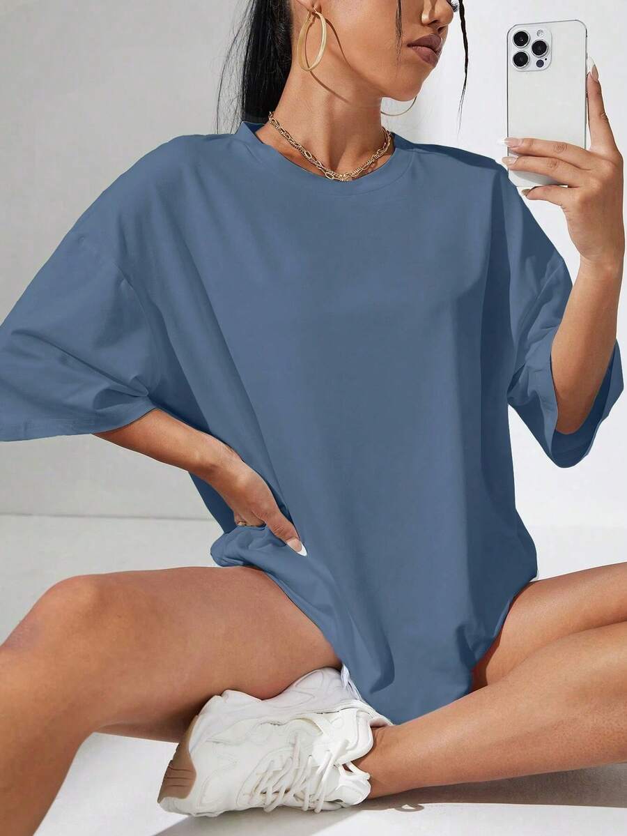 Sundraya Loose-Fitting, Drop-Shoulder, Solid Color T-Shirt - Blue - View 1