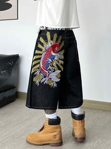 1 Stück Justice Brother lässige, locker sitzende Denim-Shorts mit bestickter Gesäßtasche, vielseitige Sommer-Streetwear, bequeme Bermuda-Shorts (ohne Gürtel/Zubehör) - Schwarz - Übersicht 7