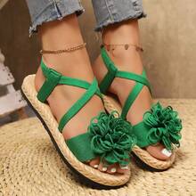 Elegantes sandalias planas florales para mujer, sandalias decoradas con grandes flores, zapatos planos casuales de punta abierta para todas las estaciones, sandalias ligeras y cómodas de est - Azul - Ver 13