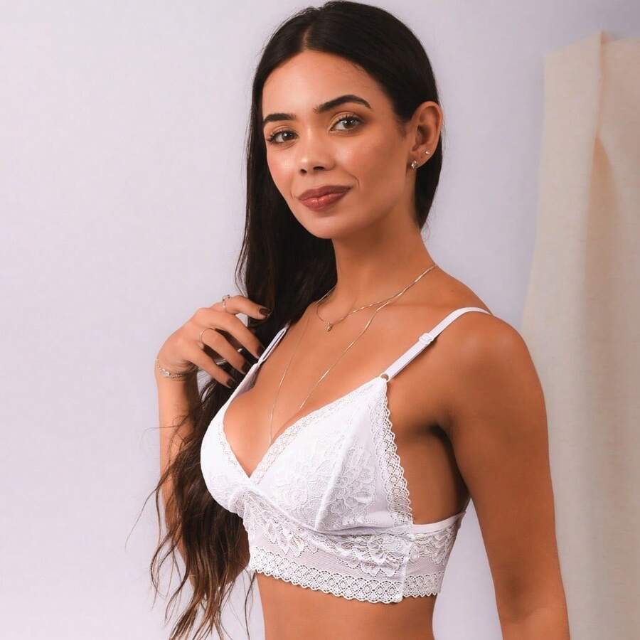 Top Cropped Classic Rendado Sem Bojo Feminino Sutiã Lingerie Renda - Branco - Visão 1