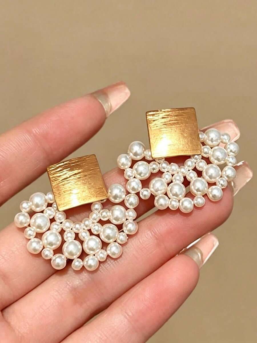 1 Pair Elegant Square Pearl Cluster Earrings, Luxury Vintage Style Women's Jewelry, Suitable For Party, Banquet, Travel And Daily Wear - Gold - View 1