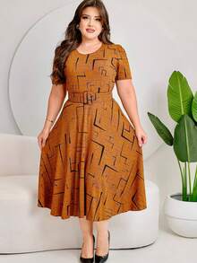 GODÊ MIDI DRESS WITH FULL SKIRT WITH BELT AND GEOMETRIC PRINT - Camel - Ver 8
