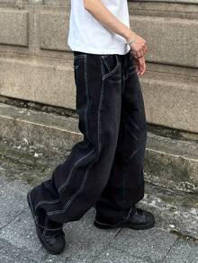 Men's Pocket Versatile Daily Casual Curved Leg Wide Leg Jeans - Black - View 4