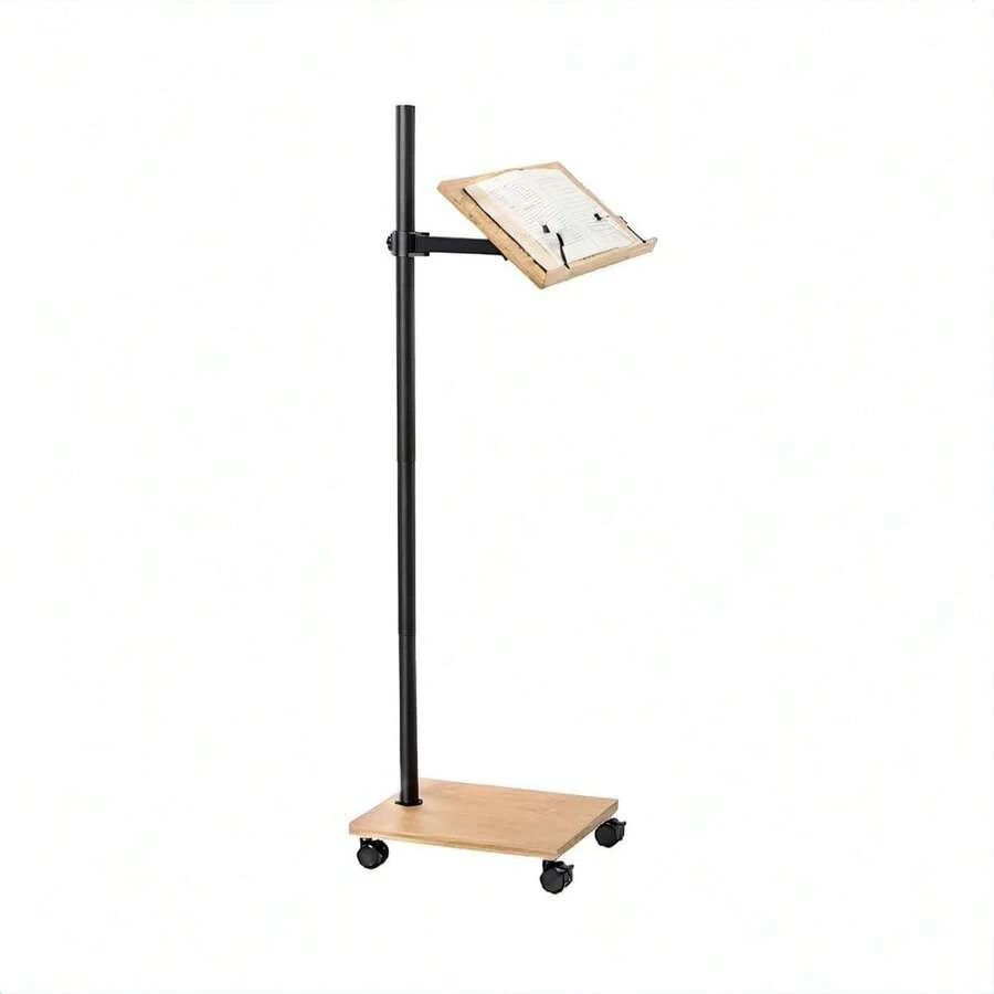 Bamboo Book Stand With Rolling Base, 16" Real Bamboo, 15.4 Lbs Capacity, Height Adjustment - Rectangle - View 1