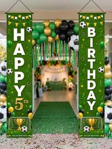 2pcs Football Happy Birthday Vertical Door Banner, 5 6 7 8 9 10 Years Old Football Birthday Doorway Decoration, Green Grass Trophy Print Sports Theme Kids Age Front Door Yard Hanging Party Decor - A - View 3