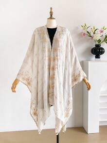 1pc Elegant Plaid Floral Pattern Bohemian Style Embroidered Split Shawl Women's Kimono, Sarong Spring/Summer Outerwear Beach Vacation Sun Protection UV Protection Embroidered Cardigan Fashion Versatile Luxury Decorative Suitable For Daily Wear Gift Choice - White - View 3