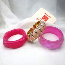 GNIT Set Gelang Wanita Resin Merah Muda & Emas Y2K, 3 buah/1 buah Gelang yang Dapat Ditumpuk dengan Potongan Faset Berkilau & Desain Marmer, Gaya Modis - Berkilau, Emas Merah Muda, Merah Mawar - View 8