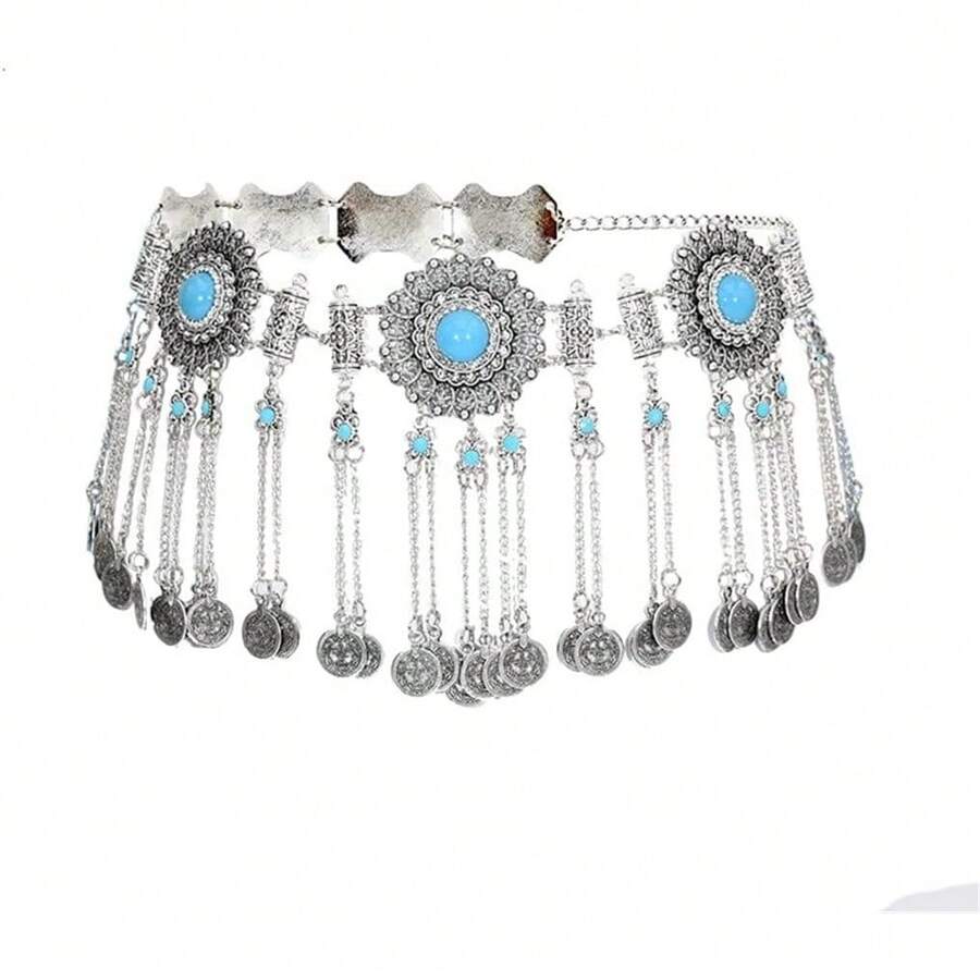 Cadena de Cintura Bohemia de Aleación con Pedrería, Accesorios para Mujer, Cadena de Cintura con Colgante de Moneda, Joyería Étnica - D - Ver 1
