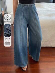 Jeans casuales de pierna recta con diseño de división de línea de cintura regular para mujer - Azul lavado medio - Ver 1