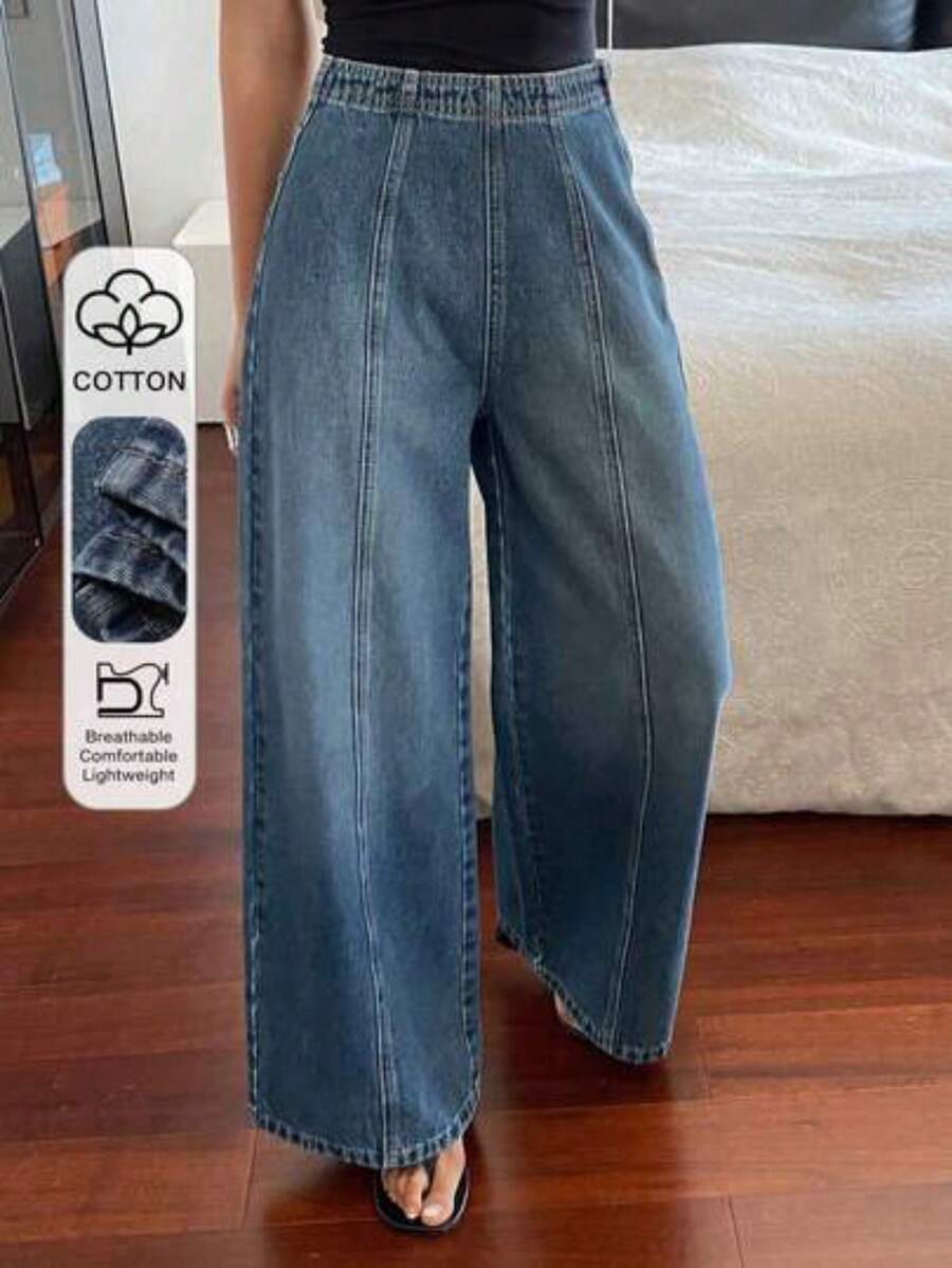 Jeans casuales de pierna recta con diseño de división de línea de cintura regular para mujer - Azul lavado medio - Ver 1