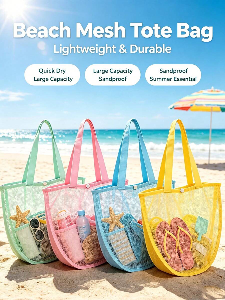 1pc Shell Mesh Bag, Beach Bag, Shell Mesh Storage Bag, Shell Tote Bag, Ideal For Collecting Shells, Beach Toys And Swimming Gear, Essential For Travel, Camping, Beach, Summer, Home Decor, Home Supplies, Family Essentials, Gift For Women, Gift For Men, Gift For Mother, Gift For Father, Gift For Grandfather, Gift For Grandmother