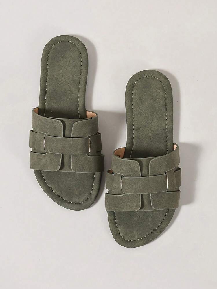 Ximi Ruo Korean Style Casual Flat Slide Sandals Women's Shoes Summer Outdoor Wear Open Toe Woven Roman Style Spring Summer New Fashion French Style Women's Sandals For Skirts Outings Beach Apartment Brown Flat Women's Outdoor Wear - Green - View 7