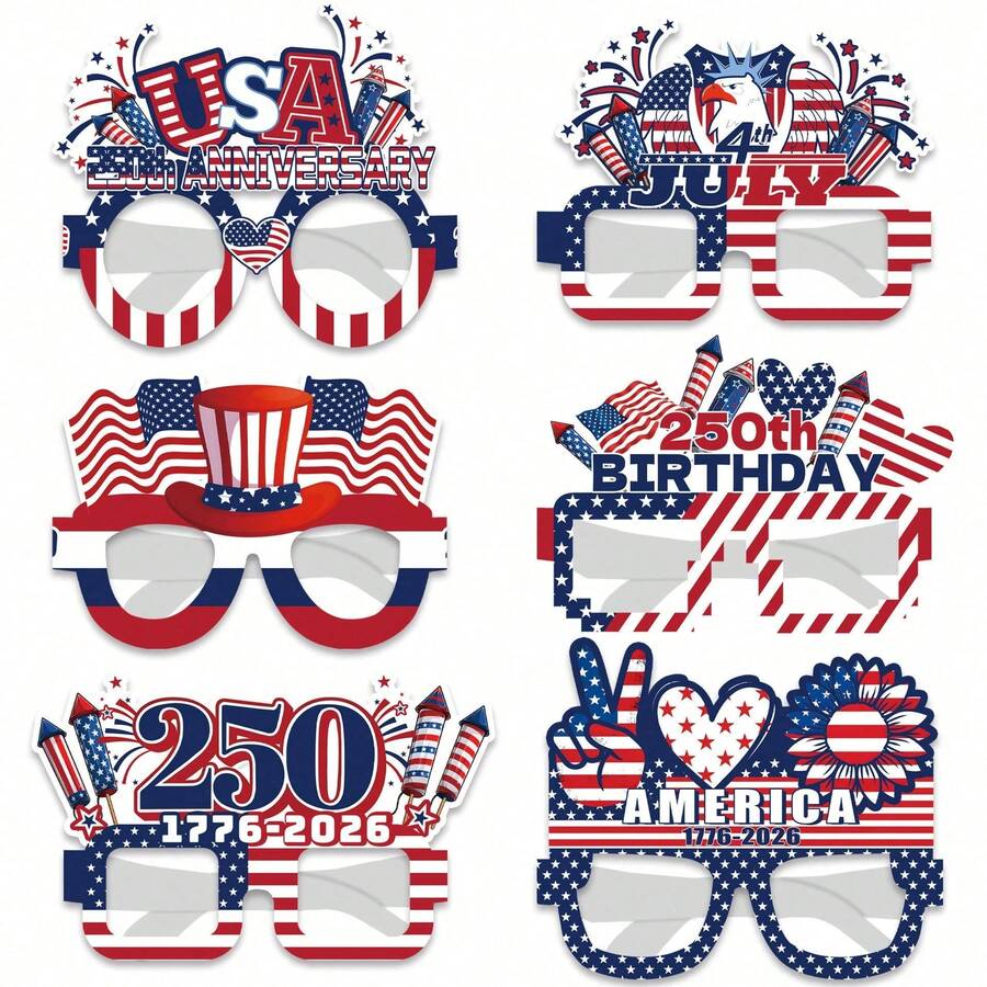 6pcs 250th Anniversary Independence Day Decoration Set, Add Elements To Your July 4th Party: American Flag Paper Glasses, American Theme Glasses, July 4th Decorations And Patriotic Party Photo Props - One Size Fits All - View 1