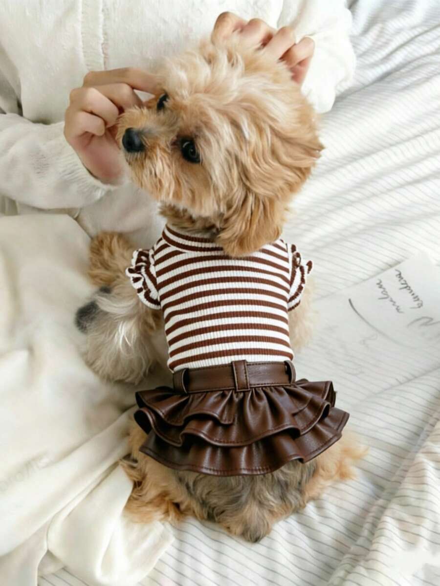 手工寵物服飾 條紋襯衫 寵物衣服 狗貓T恤 PU皮革迷你裙 多色可選
