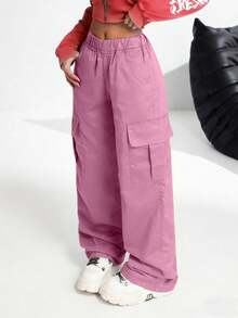 1pc Tween Girls Fashion Personalized Solid Color Comfortable Loose Multi-Pocket Cargo Pants Spring Autumn - Pink - View 6