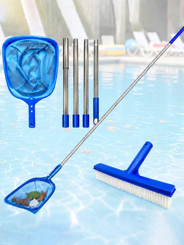 1 Set Kit de Red Desnatadora para Piscina, Poste Telescópico de Aleación de Aluminio Ajustable de 4 Secciones de 60 Pulgadas, Red de Limpieza de Estanque, Red Desnatadora de Malla Fina, Adecuada para Estanque de Jardín y Jacuzzi, Azul, con Cepillo de Piscina de Alta Calidad