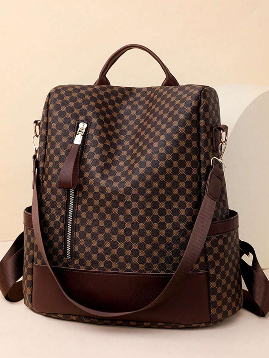 Mochila de gran capacidad con cierre de cremallera y estilo liso, de uso casual diario - Marrón - Ver 1
