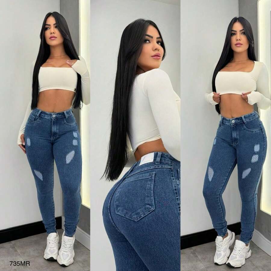 Calça Jeans Feminina Super Skinny Sal e Pimenta - Pimenta Original Rasgadinha com Elastano Bordada - LT04 - Visão 1