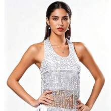 1 pieza Top de sujetador halter hecho a mano con lentejuelas y flecos con cordones, top corto de danza del vientre para mujer, atuendo estilo sari bohemio, disfraz retro para festival, rave, fiesta, discoteca, playa, ropa exótica, accesorios de playa para mujer - Multicolor - Ver 14