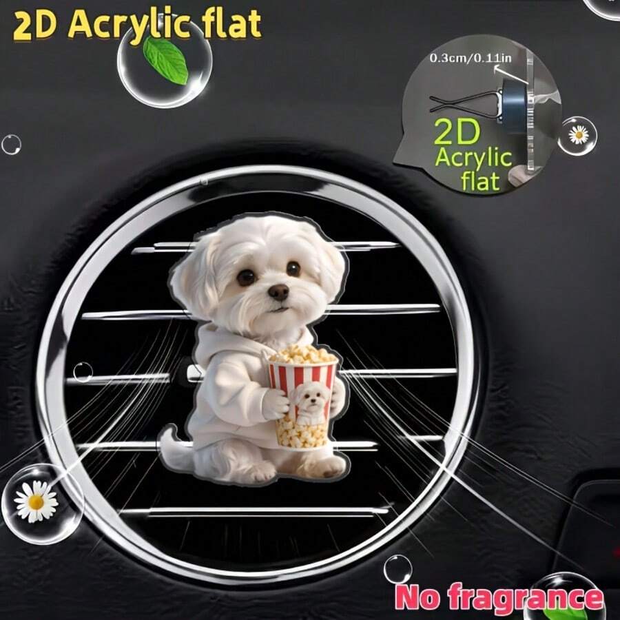 2D Flat, 1pc Maltese Dog Holding Popcorn Pattern Car Air Outlet Clip Decoration, "No Fragrance", With Double Odorless Sponge Sheets, Can Add Fragrance By Yourself, Acrylic Cartoon Decoration, Clip Air Fresh, "No Fragrance Source" - Air Vent Aromatherapy - View 1