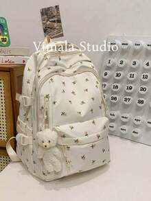 Women's Backpack With Rose Print, Multiple Compartments And Pockets, Thick Backpack For Students, Waterproof Backpack, With Teddy Bear Hanging Accessory, Essential - Rose Gold - View 1