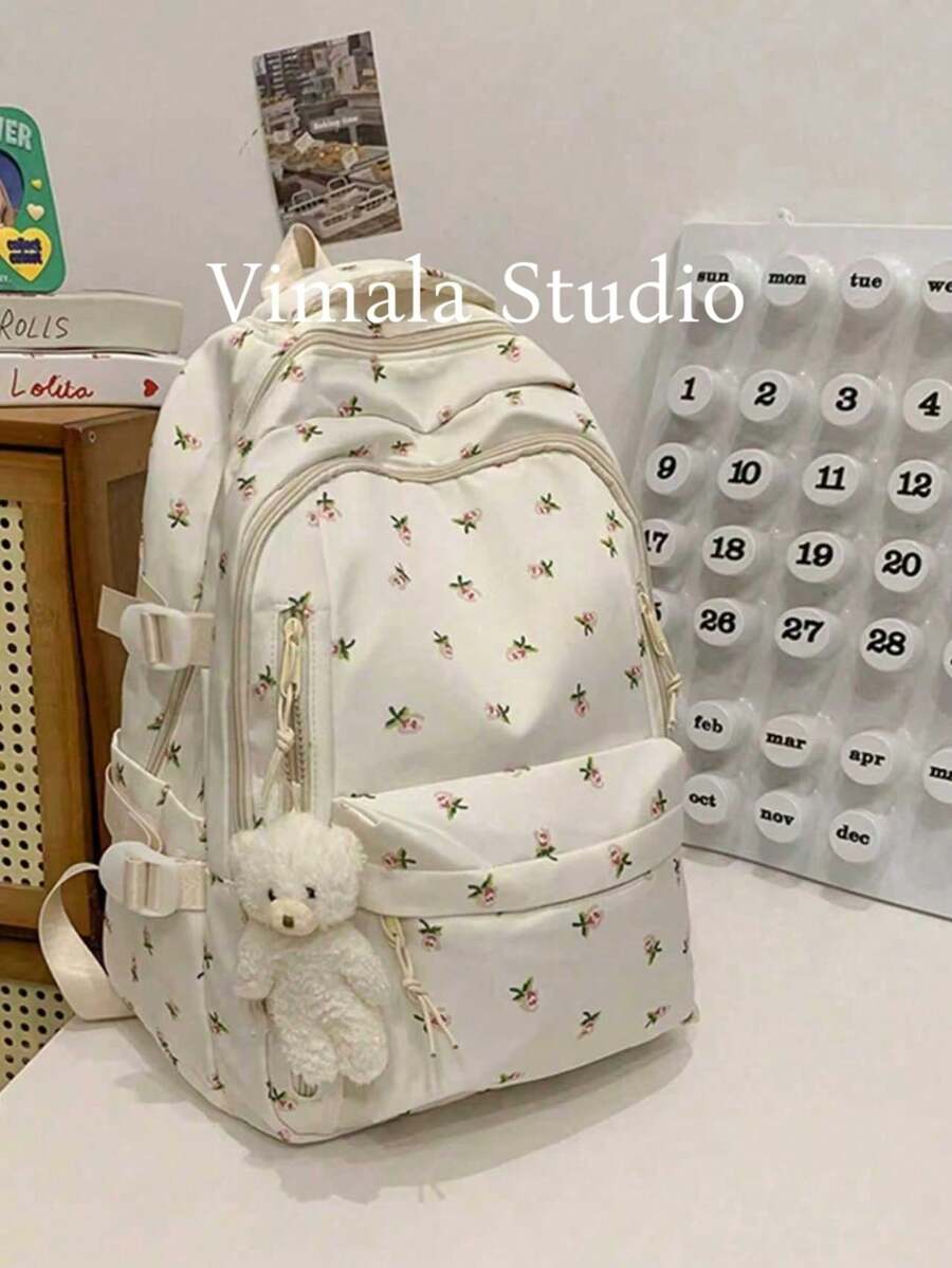 Women's Backpack With Rose Print, Multiple Compartments And Pockets, Thick Backpack For Students, Waterproof Backpack, With Teddy Bear Hanging Accessory, Essential - Rose Gold - View 1