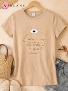 Camiseta Feminina Cristã 100% Algodão Livrai-nos de Todo o Mal Estampada Manga Curta Casual - Bege - Visão 1