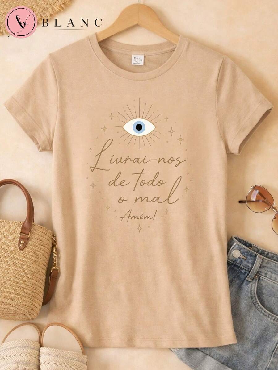Camiseta Feminina Cristã 100% Algodão Livrai-nos de Todo o Mal Estampada Manga Curta Casual - Bege - Visão 1