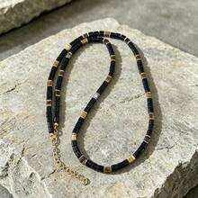 Tiger Eye & Black Agate Square Bead Thin Necklace 45+5cm Gold Plated Extension Chain Men's Business Collarbone Chain - Multicolor - View 3